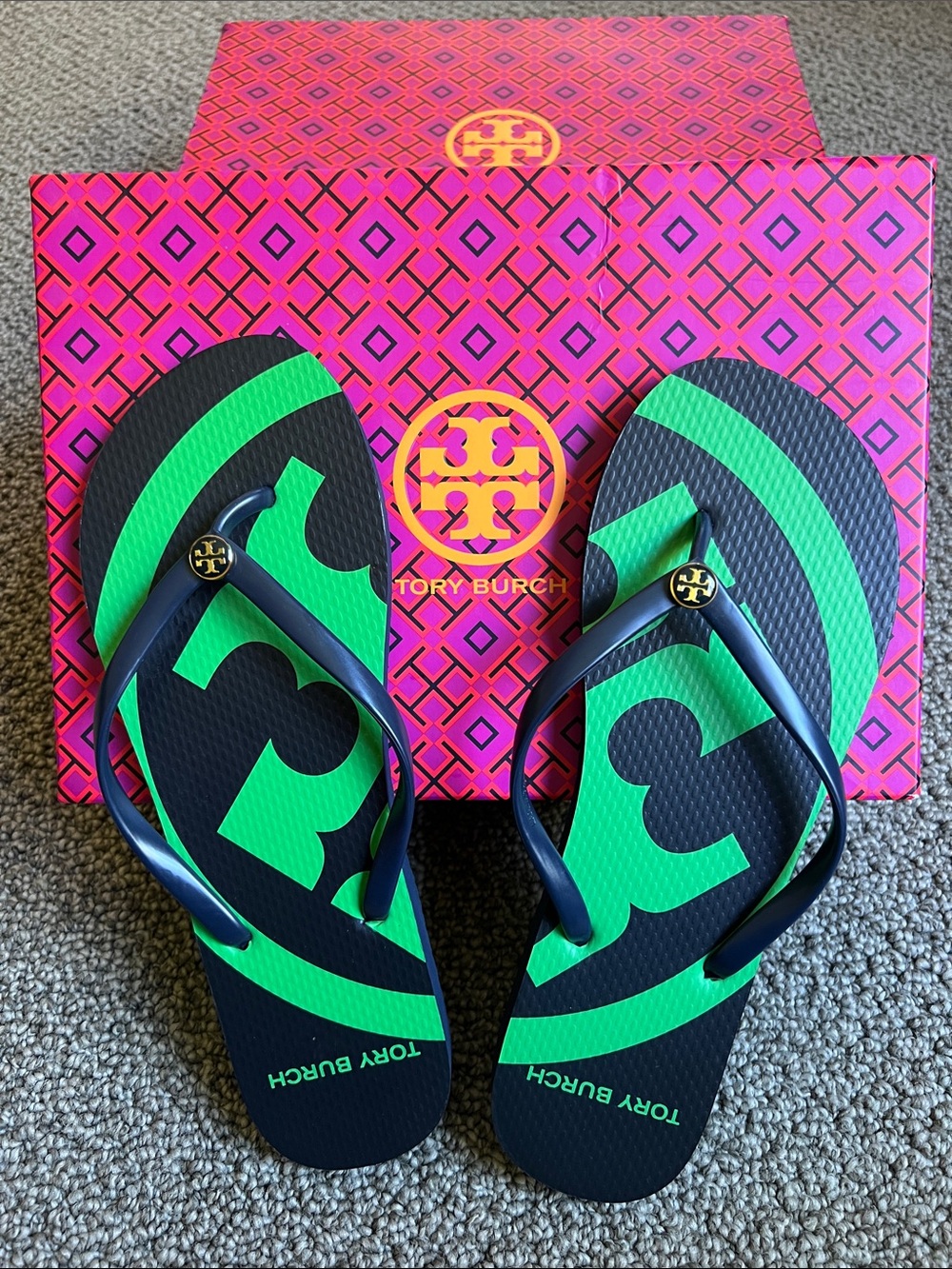 Tory Burch Navy & Bright Green Logo Flip Flops